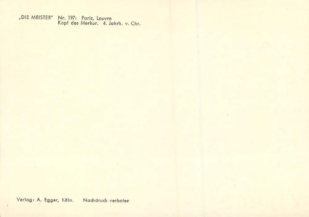 Tête de Mercure — Louvre, Paris — Éditeur A. Egger, Cologne, n° 197 - Verso