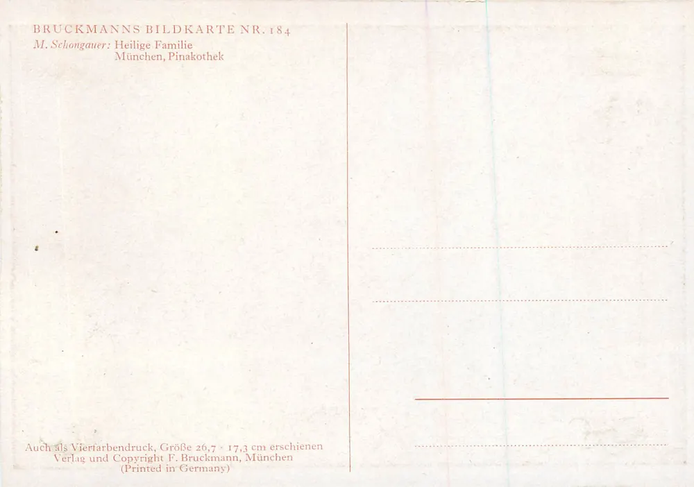 Die Heilige Familie — Gemälde von M. Schongauer — Verleger F. Bruckmann, München - Rückseite