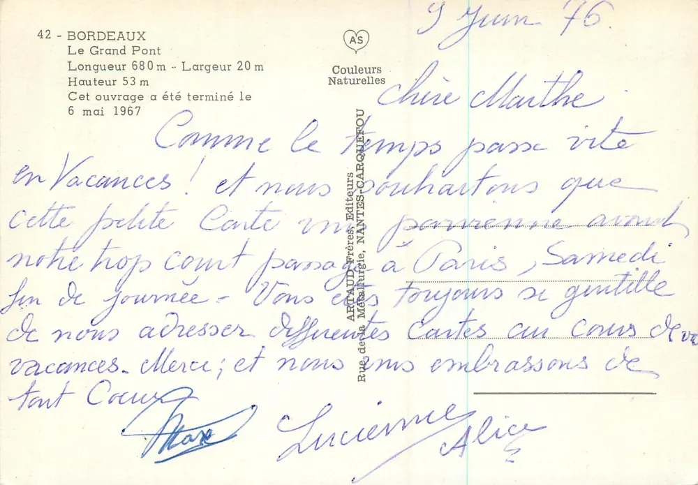 Ponte de Bordeaux — O Grande Pont — editor Artaud-Frères, Nantes-Carquefou, n°42 - Verso