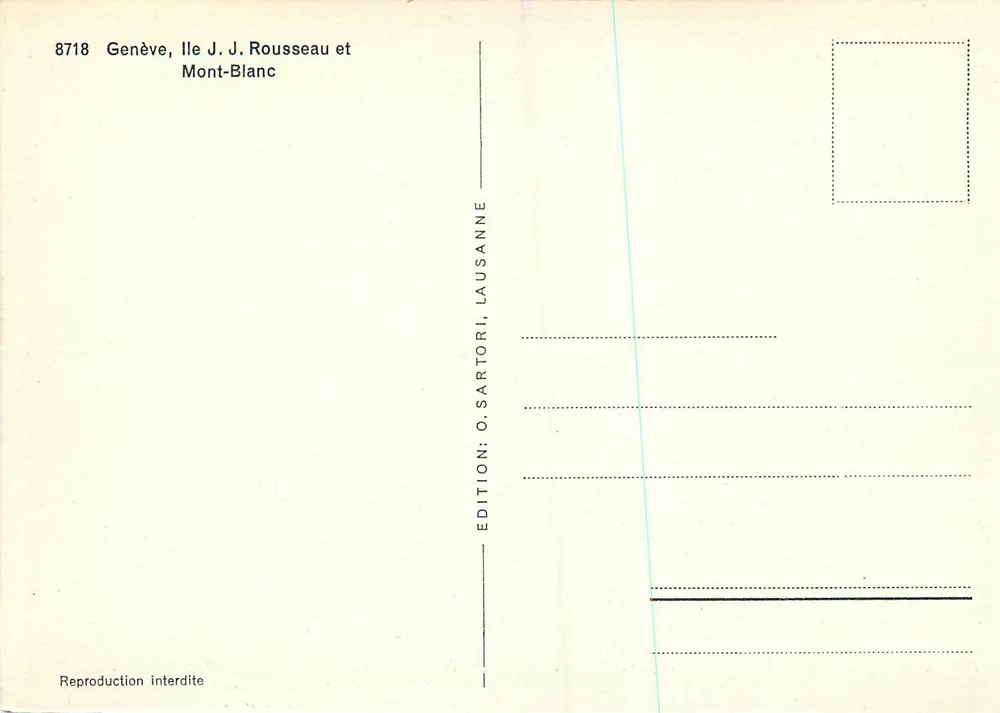 Genève, Île J.J. Rousseau et Mont-Blanc — Édition O. Sartori, Lausanne, n° 8718 - Verso