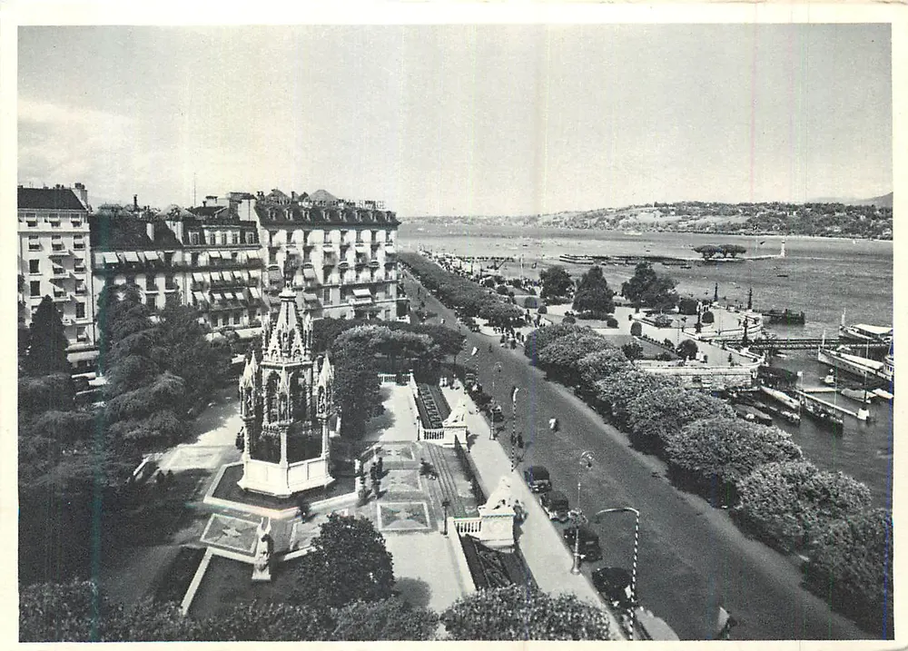 Genebra, os Cais — vista panorâmica com monumento central — Edição O. Sartori, Lausana - Frente