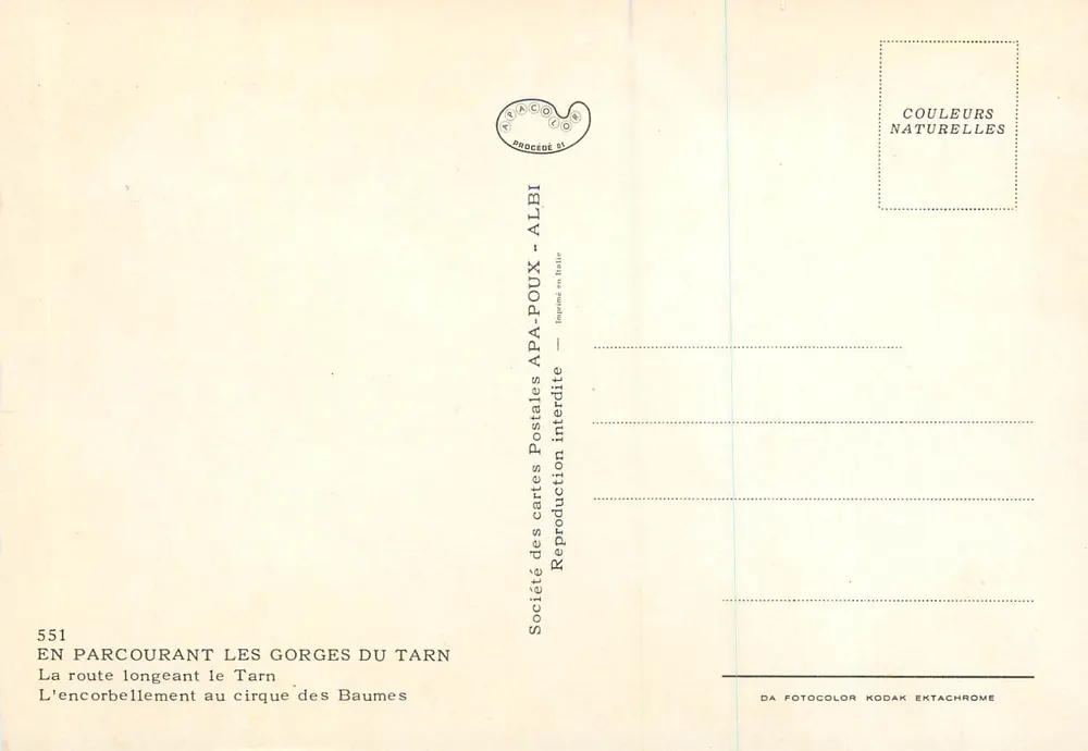 Les Gorges du Tarn — Route longeant le cirque des Baumes — APA — n° 551 - Verso