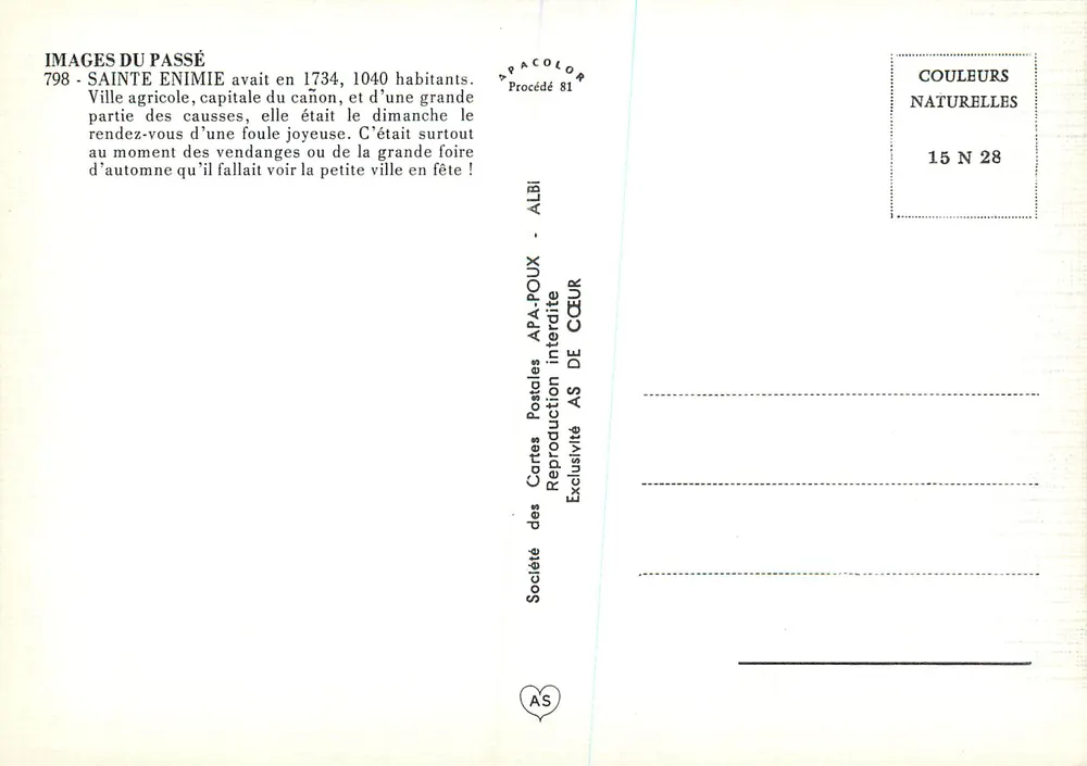 Sainte-Enimie en 1734 — scène de marché — Société des Cartes Postales APA-POUX - Verso