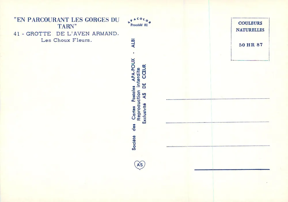 Grotte de l'Aven Armand — Les Choux Fleurs — Gesellschaft der Ansichtskarten APA-POUX - Rückseite