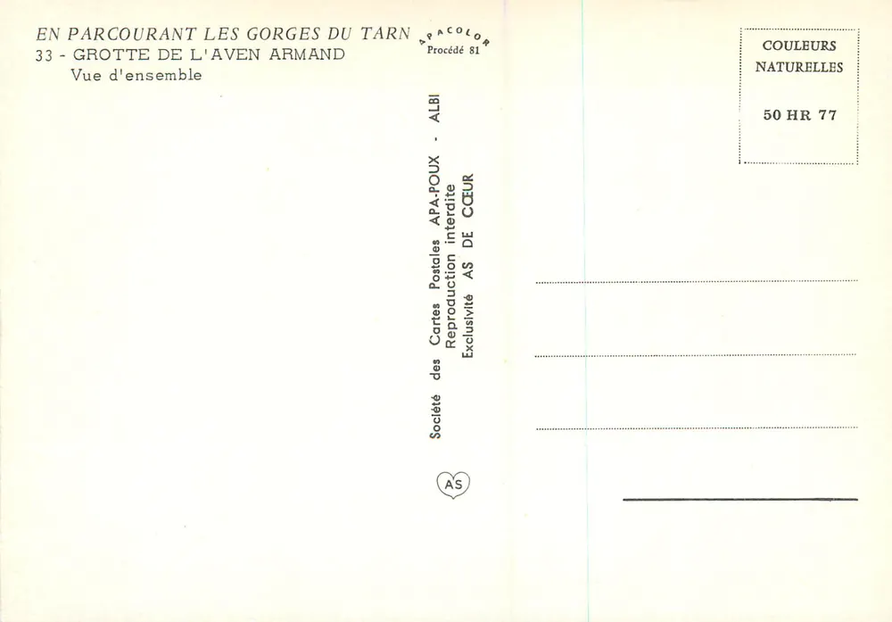 Grotte de l'Aven Armand — Gorges du Tarn — Société des Cartes Postales APA-POUX - Rückseite