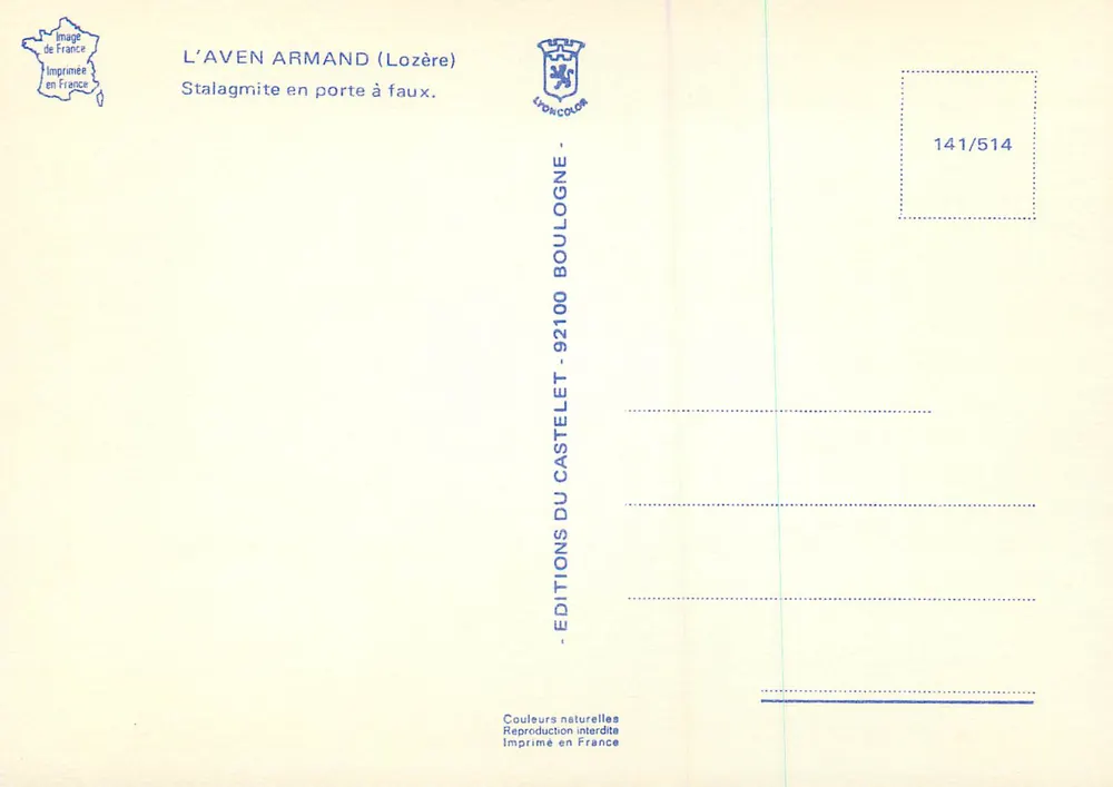 L'Aven Armand (Lozère) – Stalaktit in Überhang – Éditions du Castelet - Rückseite