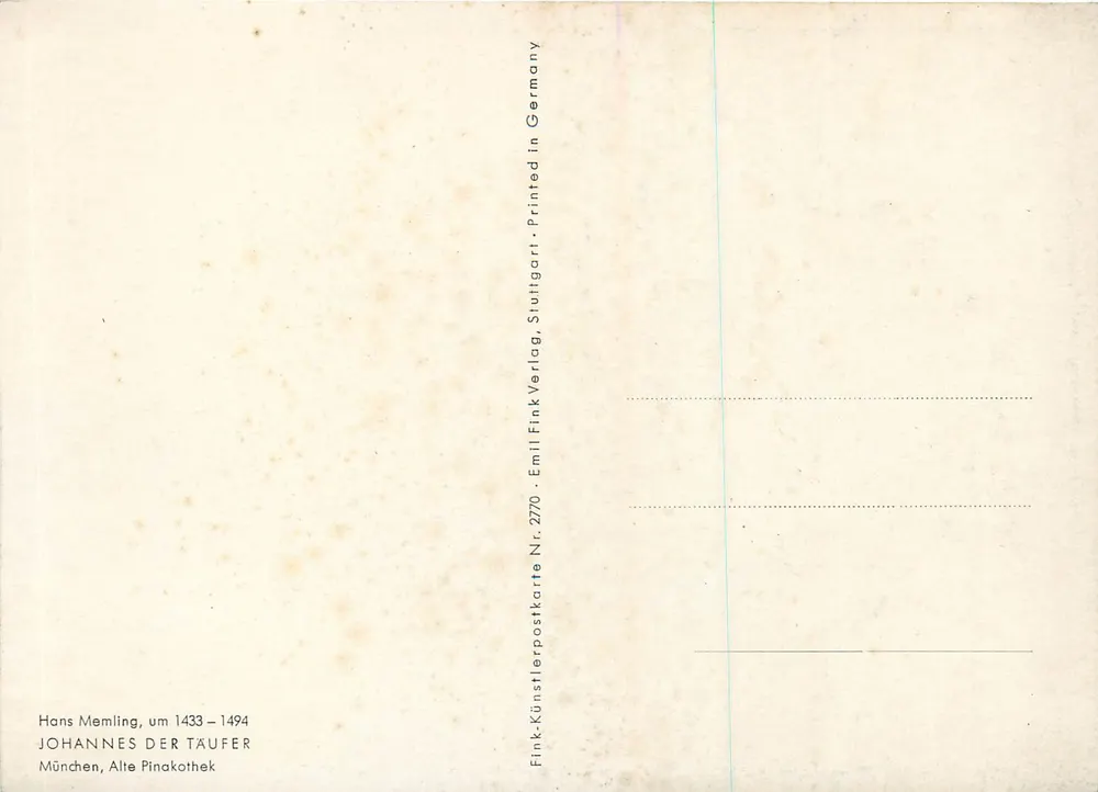 Johannes der Täufer — Hans Memling, vers 1433-1494 — Fink Verlag, Stuttgart, n° 2770 - Verso