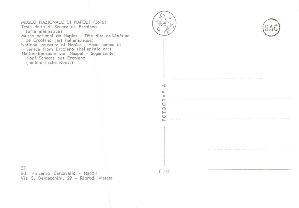 Cabeça de Sêneca — Museu Nacional de Nápoles — Ed. Vincenzo Carcavallo, n° F 767 - Verso