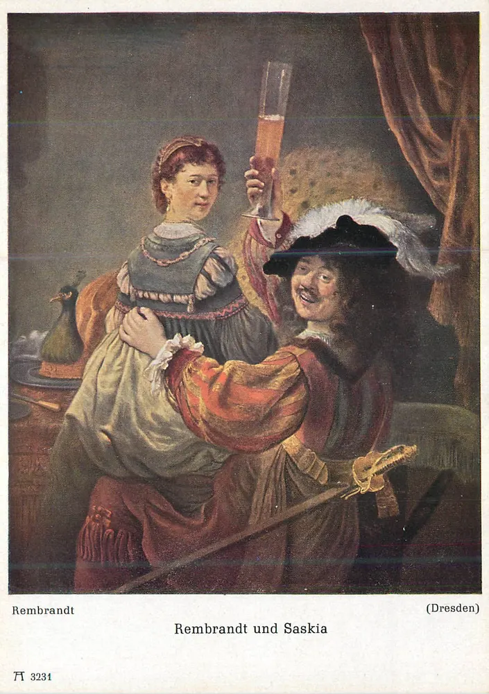 Rembrandt e Saskia — obra de Rembrandt — editor F.A. Ackermann, Munique, n° 3231 - Frente