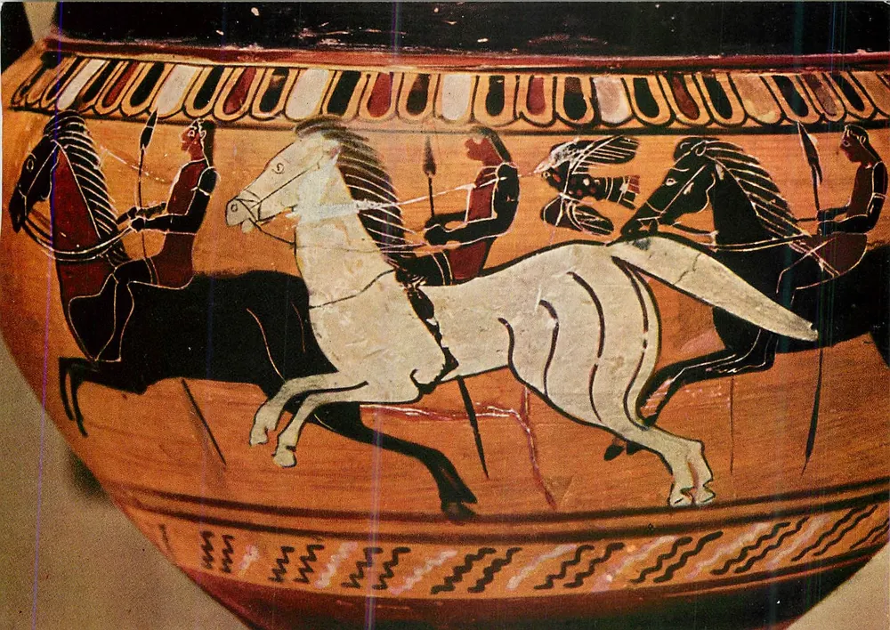 Krater corinthien — trois cavaliers avec lances et deux oiseaux — éditeur VERLAG A. EGGER, KÖLN, n° 1314 - Recto