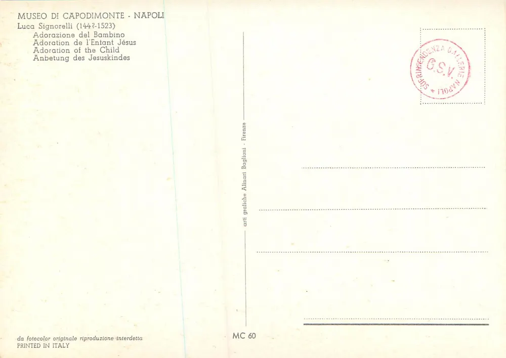 Adoração do Bambino — Luca Signorelli (1443-1523) — editor Alinari, n° MC 60 - Verso