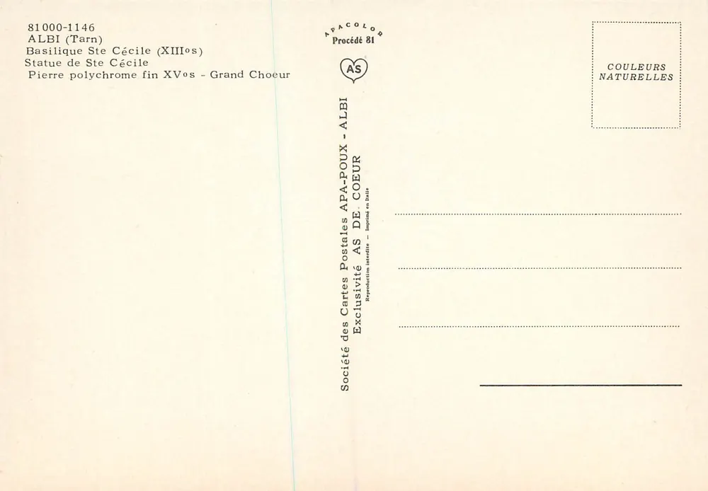 Statue de Sainte Cécile — Basilique Sainte-Cécile, Albi — Société des Cartes Postales APA-POUX - Verso