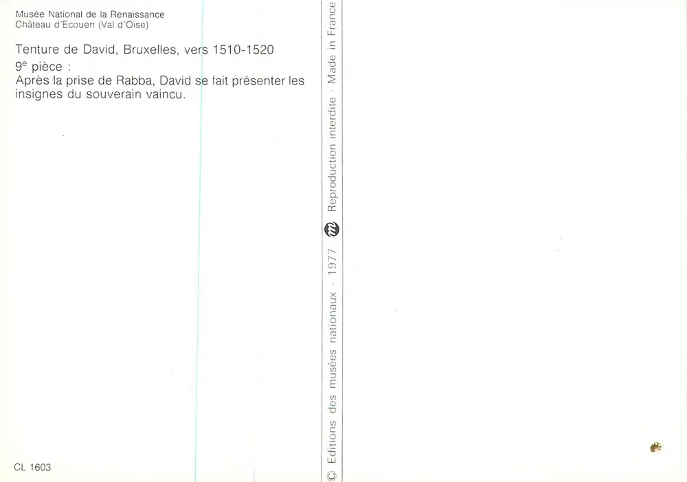 David's Teppich — Nach der Eroberung von Rabba, David wird mit den Zeichen des geschlagenen Herrschers präsentiert — Éditions des musées nationaux, 1977 - Rückseite