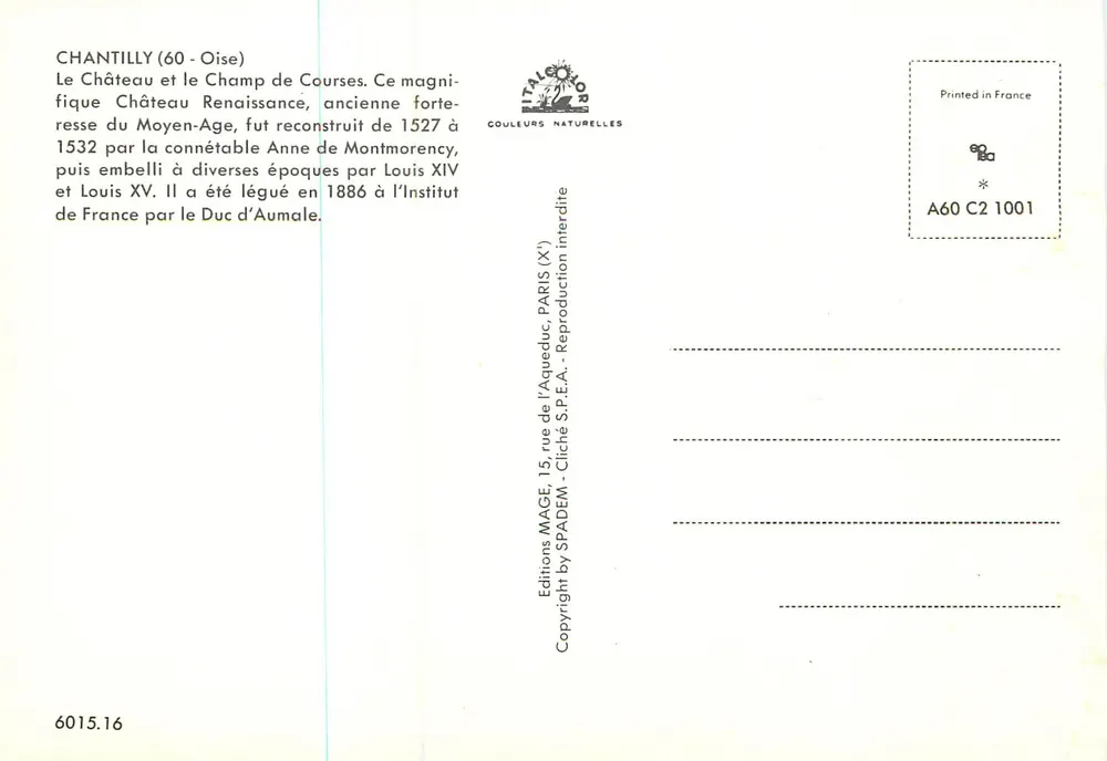 Chantilly (60) - Castelo da Renascença e Campo de Corridas — Éditions SPADEM - Verso