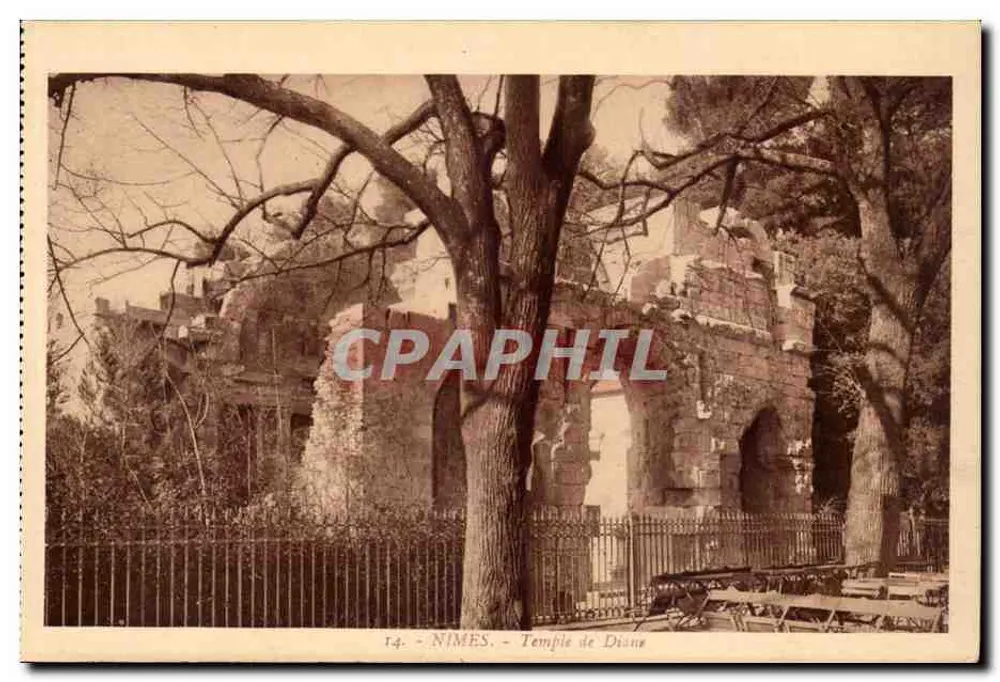 Nîmes - Templo de Diana — ruínas cercadas por árvores — Phototypie Nácon - Frente
