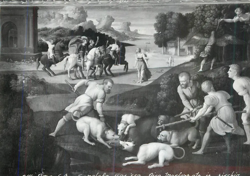 Caça aos javalis — reprodução de uma pintura de Paolo Uccello — Fratelli Alinari, Florença - Frente