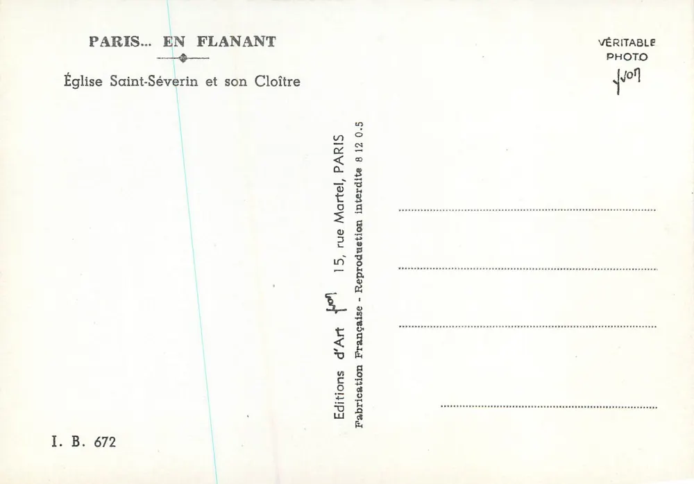 Igreja de Saint-Séverin e seu Cloître — Paris — Éditions d'Art Martel, n° 672 - Verso