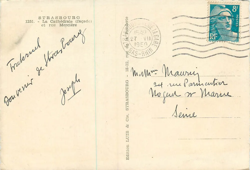 Strasbourg — Catedral (fachada) e rua Mercière — Édition LUTIB & Cie, n°1251 - Verso
