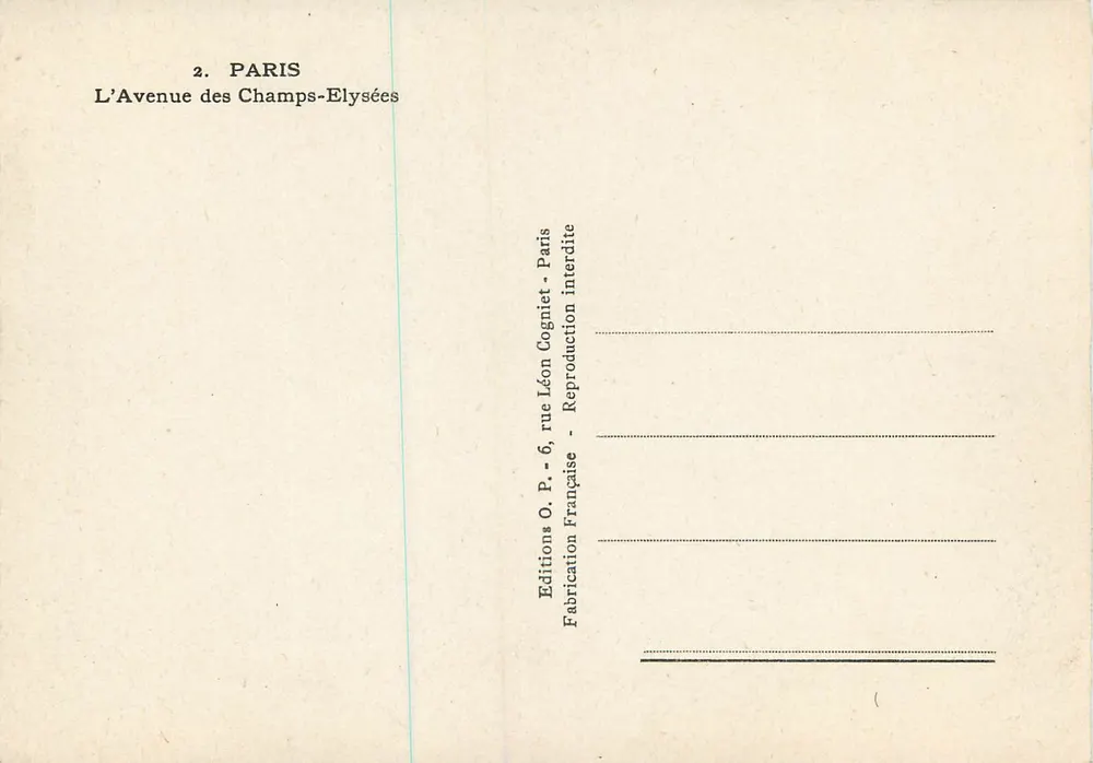 Paris — Avenida dos Campos Elísios — Edições O.P. Léon Cogniet - Verso
