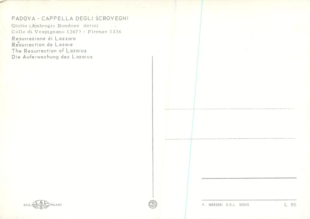 Padoue - Cappella degli Scrovegni — Résurrection de Lazare par Giotto (Ambrogio Bondone) — Éditeur P. Marzari S.R.L. Schio - Verso