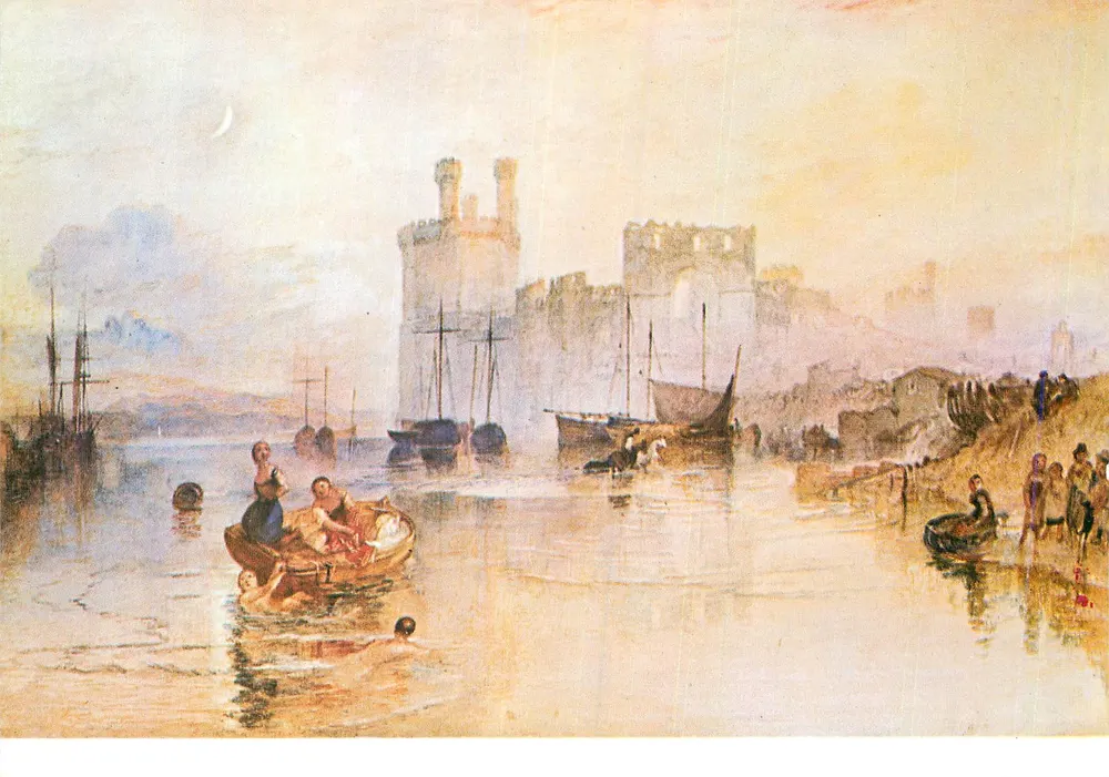 Castelo de Caernarvon — vista noturna com crescente lunar — J.M.W. Turner, R.A. (1775-1851) — edição Medici Society Ltd., Londres - Frente