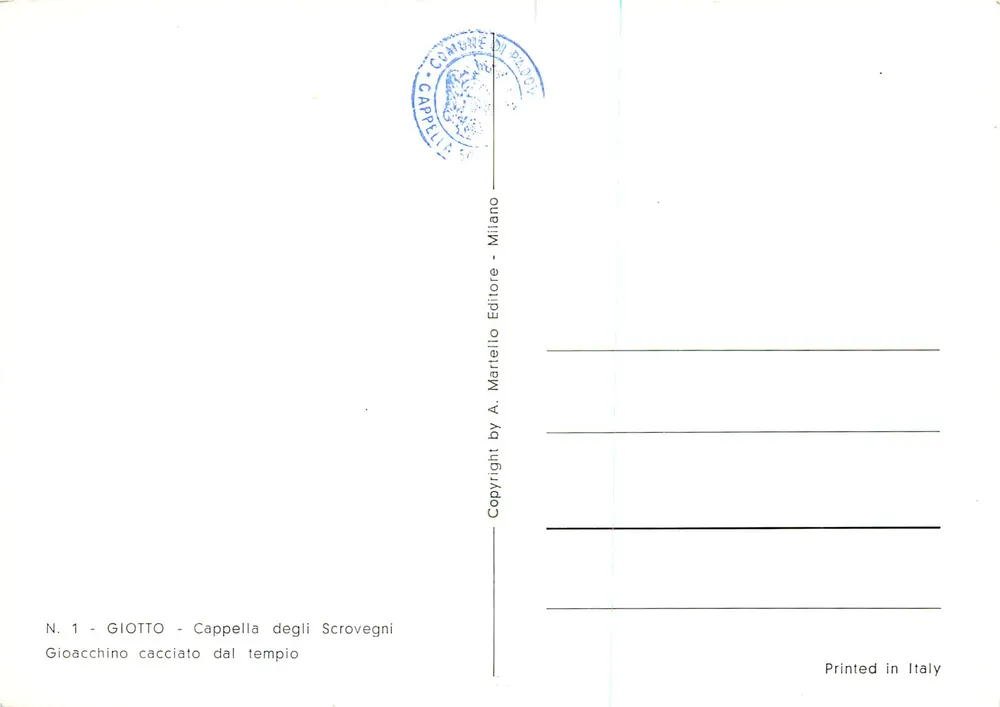 Giotto - Cappella degli Scrovegni — Gioacchino cacciato dal tempio — Éditeur A. Martello, Milan - Verso