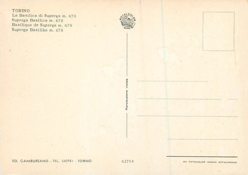 Basílica de Superga — vista aérea — Ed. Cambursano, n° 62714 - Verso