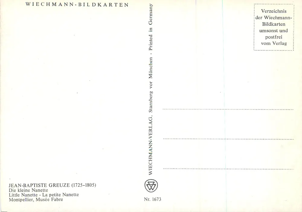 Jean-Baptiste Greuze — Kleine Nanette — Verlag Wiechmann-Bildkarten, Nr. 1673 - Rückseite