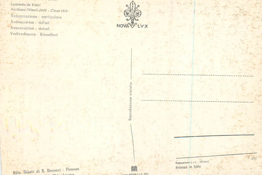 Annonciation - Detail — Leonardo da Vinci — Edition Giusti di S. Becocci, Florenz - Rückseite