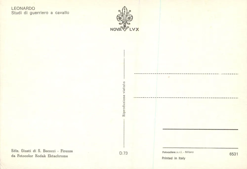 Estudo de guerreiro a cavalo — Leonardo — Ediz. Giusti di S. Becocci - Firenze - Verso