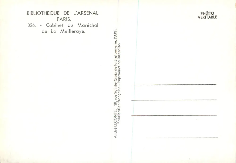 Cabinet des Maréchal de La Meilleraye — Bibliothèque de l'Arsenal — Paris — Photo Veritable - Rückseite