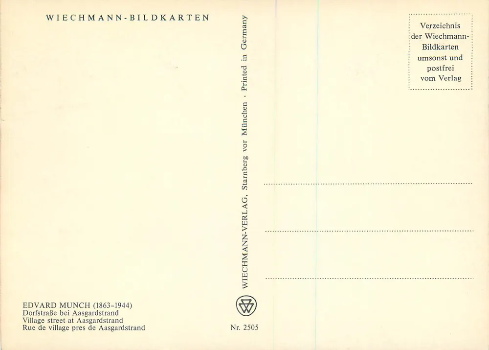 Frau im roten Kleid — Straße des Dorfes Aasgardstrand — Wiechmann-Bildkarten, n° 2505 - Rückseite