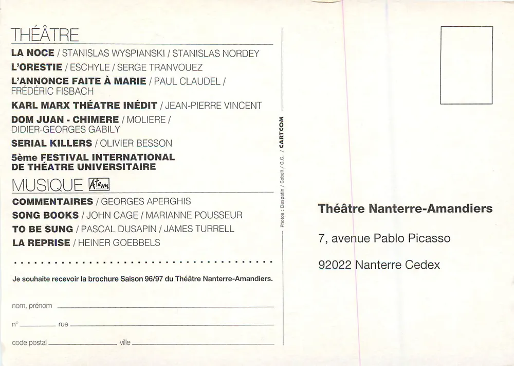 Nanterre-Amandiers — Programa teatro e música temporada 96/97 — Télérama - Verso