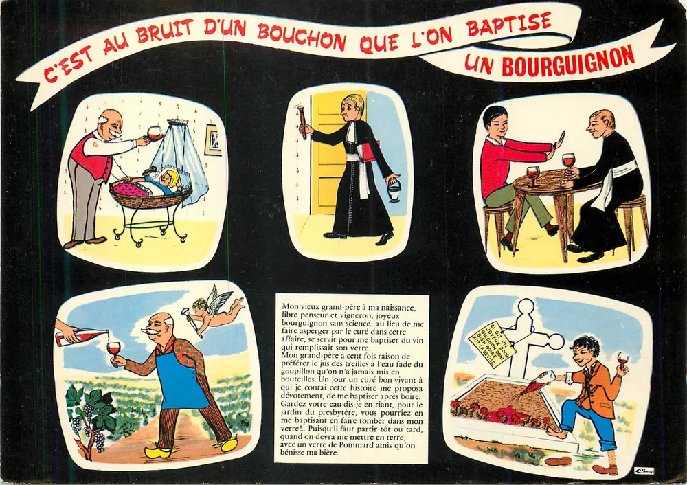 Baptême d'un Bourguignon — humor sobre a tradição vinícola — France Touristique - Frente