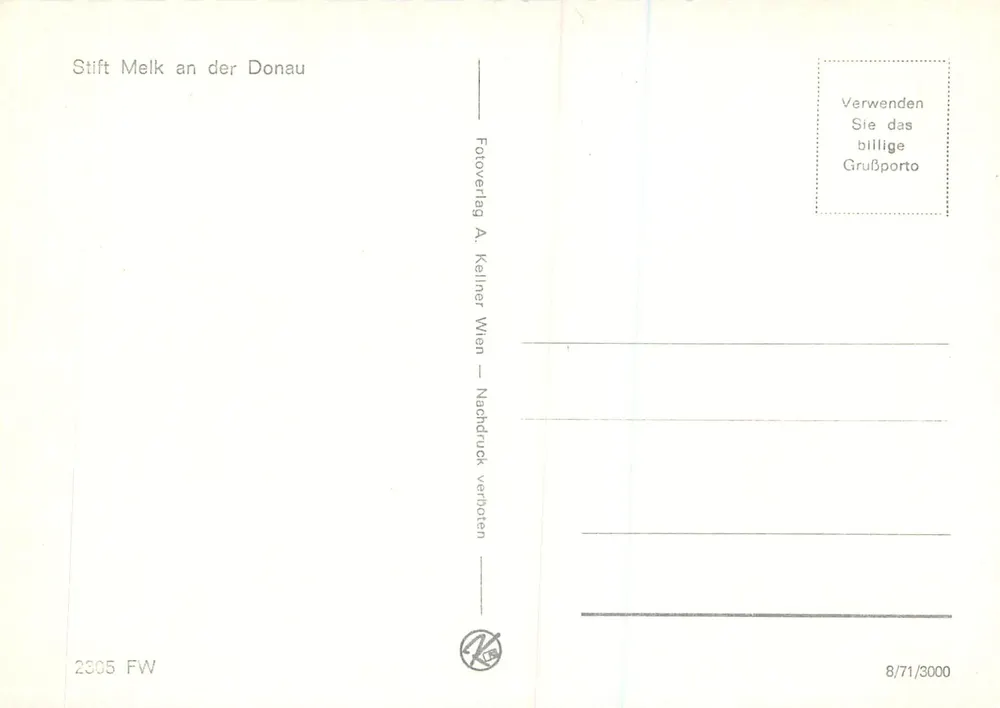 Stift Melk — wydawca Fotoverlag A. Kellerer Wien — numer seryjny 2305 FW - Rewers