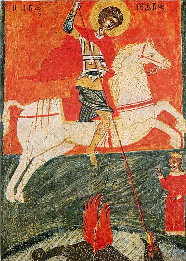 São Jorge — cavaleiro em um cavalo branco — ícone bizantino, Ásia Menor, século XVI — Galeria Neufert, Munique - Frente