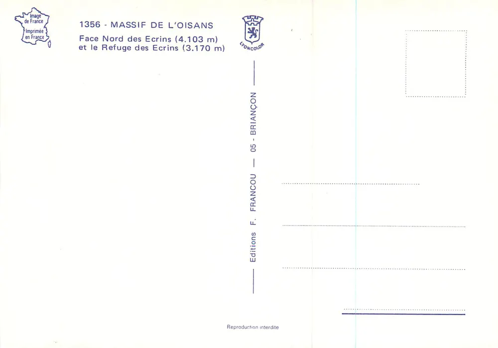 Nordseite der Ecrins (4.103 m) und das Ecrins-Refuge (3.170 m) — Éditions F. Francou - Rückseite