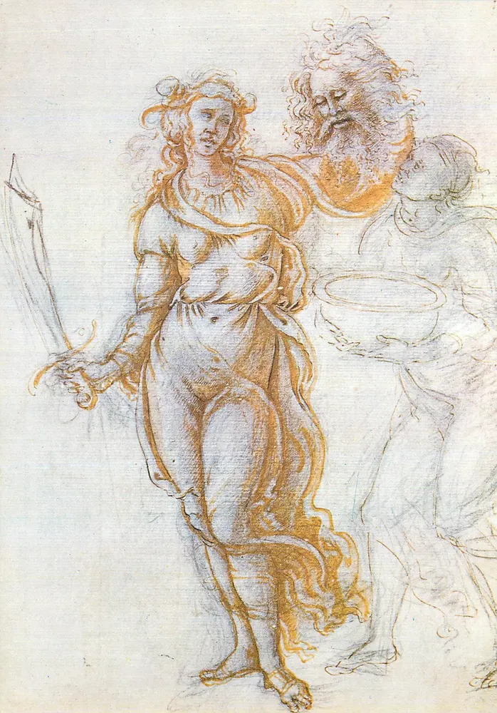 Geschützte Göttin und mythologische Figuren — Zeichnung in Kohle und Rottschwefel — Signatur 'E.L.' unten rechts - Vorderseite
