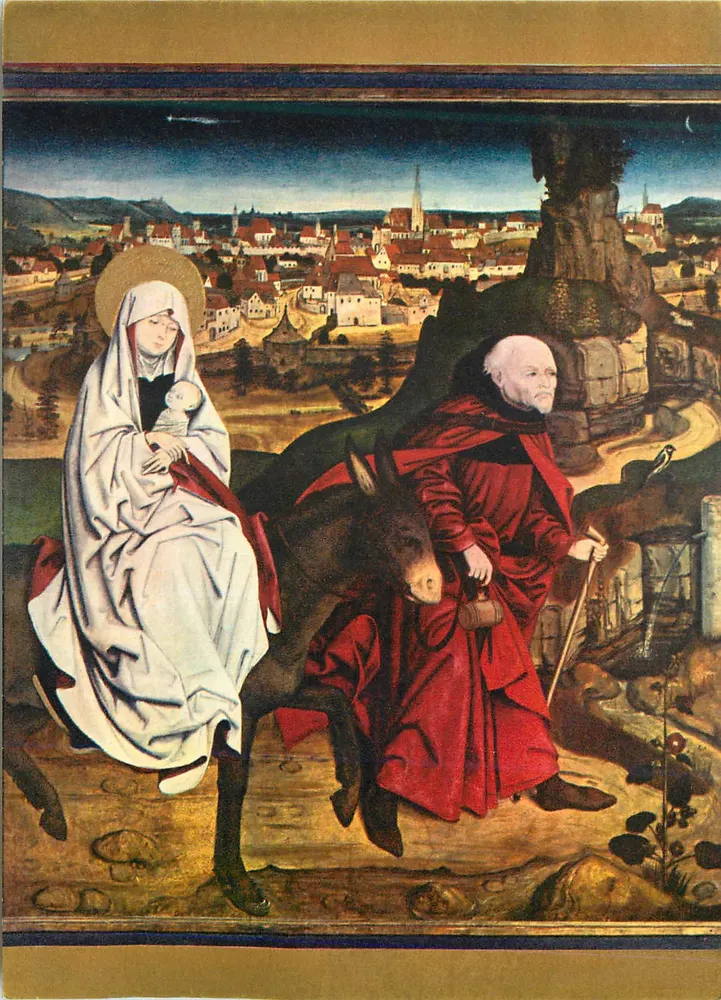 Viagem da Virgem para Belém — São José — pintura de Martin Schongauer - Frente