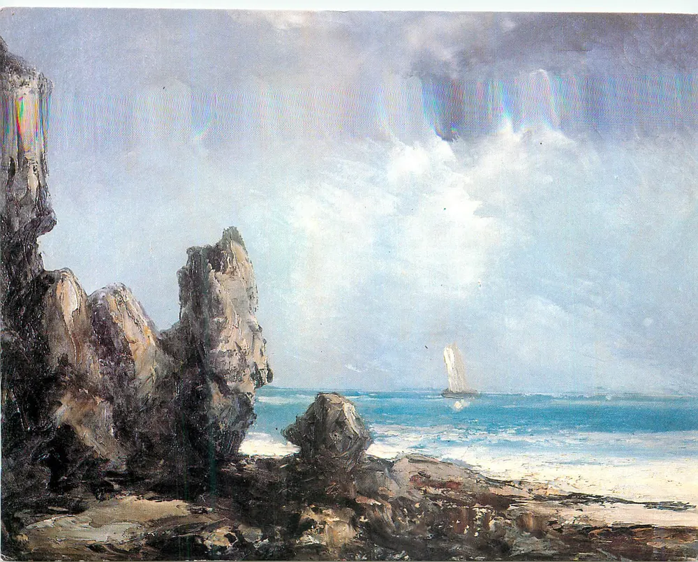 Costa rochosa com vela — pintura a óleo — sem editor ou número visível - Frente