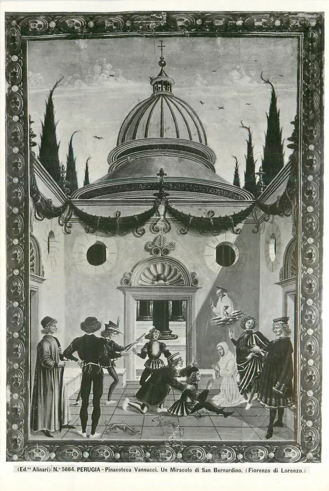 Perugia - Pinacoteca Vannucci. Ein Wunder des Heiligen Bernardino. (Fiorenzo di Lorenzo.) - Verlag Alinari N. 5864 - Vorderseite