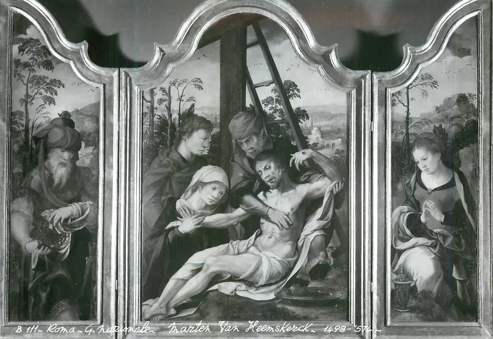 Cruzifixo — tríptico — Mestre de Van Heemskerck, 1498-1574 - Frente