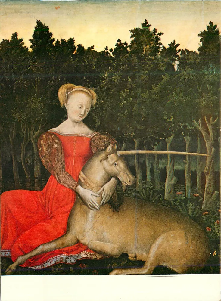 Frau in rotem Kleid, die ein Einhorn streichelt — Nachbildung einer italienischen Malerei — unleserlicher Verlag - Vorderseite