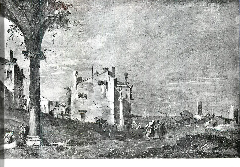 Vista de Veneza — paisagem urbana com coluna e edifícios — gravura ou reprodução a partir de pintura - Frente