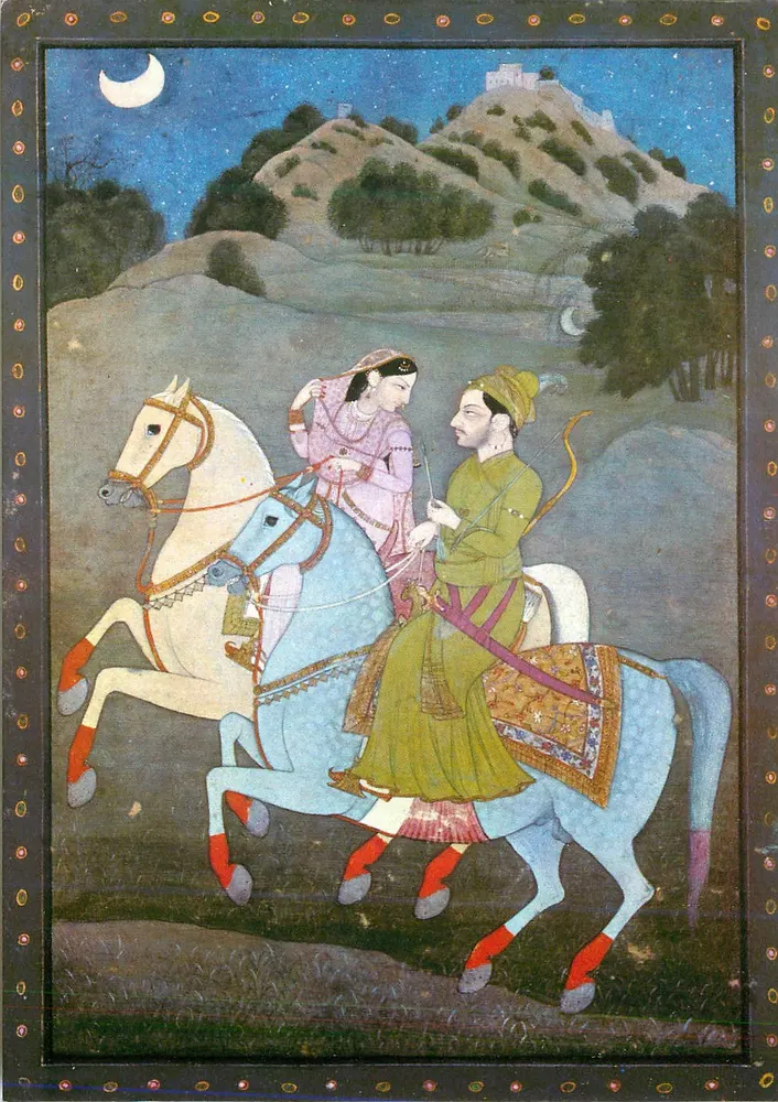 Cavaliers sous la lune — peinture miniature indienne — éditeur inconnu - Recto