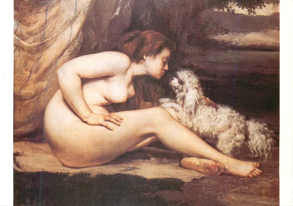 Nu com um cachorro — reprodução de uma pintura — editor não visível - Frente