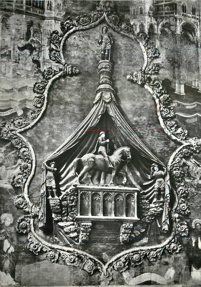Estátua equestre em um quadro esculpido — editor desconhecido, número de série ilegível - Frente