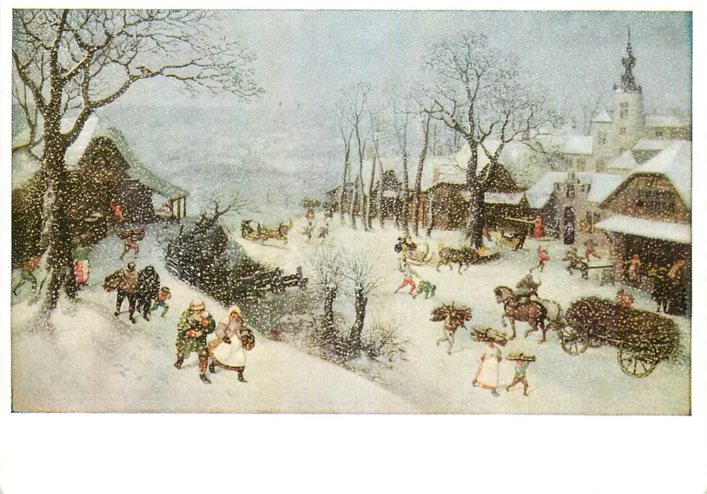 Escena de aldea en invierno — edición no identificada - Anverso