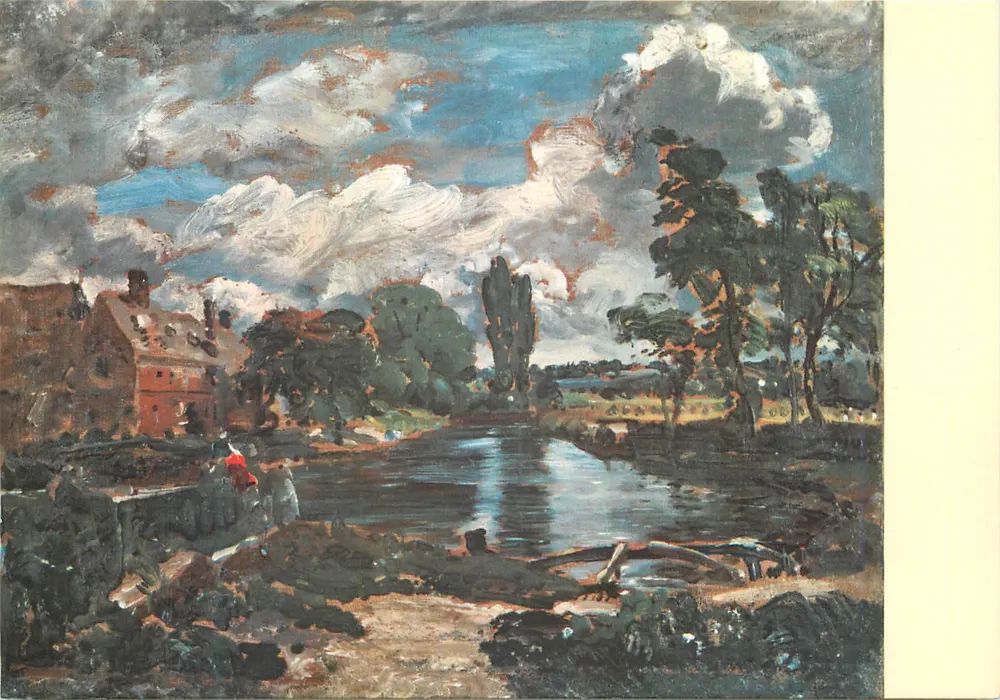 Paysage fluvial avec maison et arbres — peinture à l'huile — éditeur inconnu - Recto