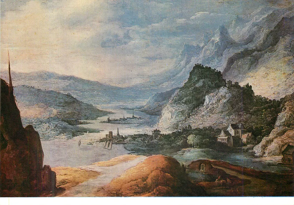 Ansicht des Rheins — Landschaft mit Schloss und Dorf — unbekannter Verleger - Vorderseite
